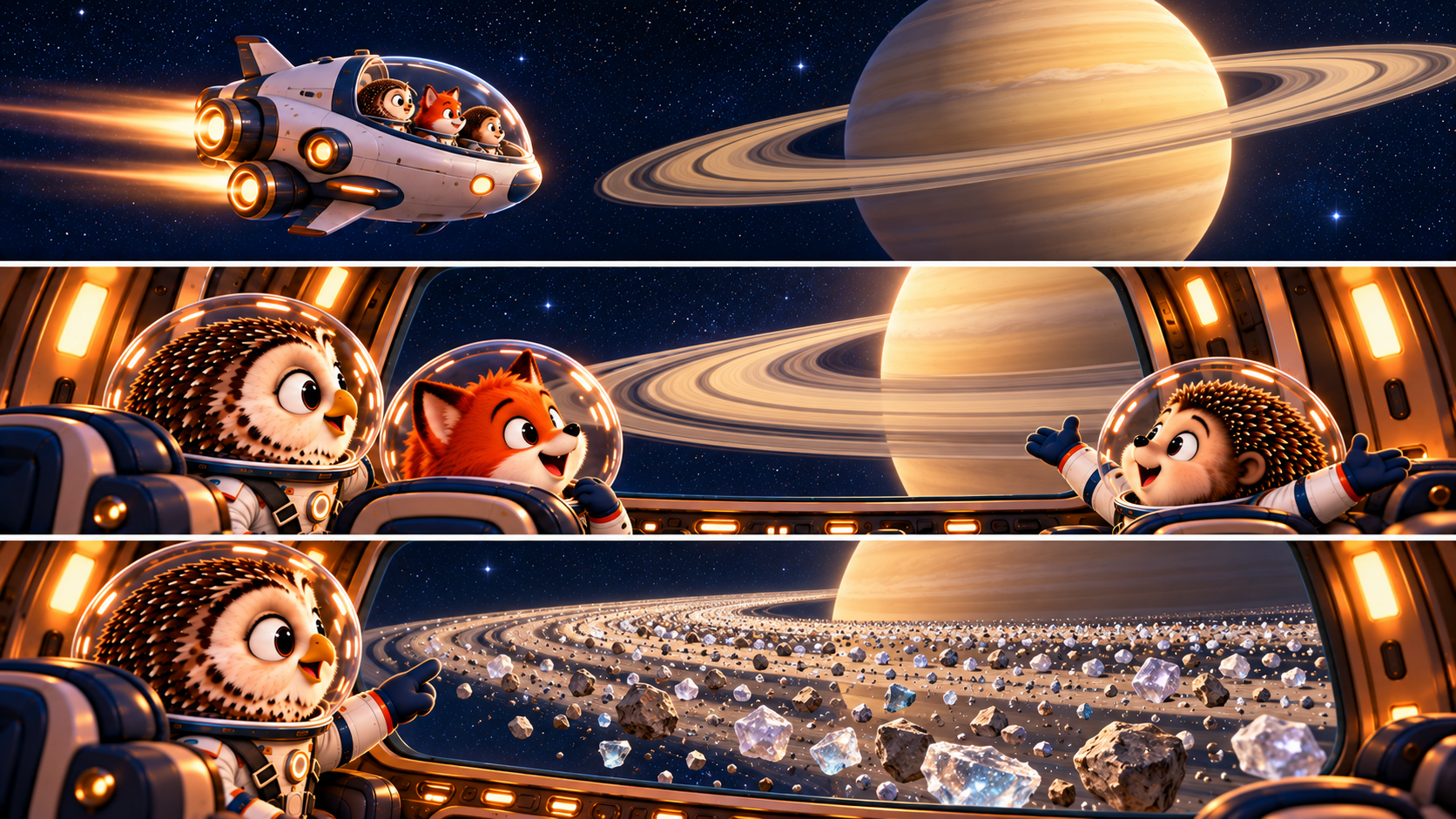 Pip, Bramble and Granny Owl explore Saturn from their little spacecraft in a story sketch.