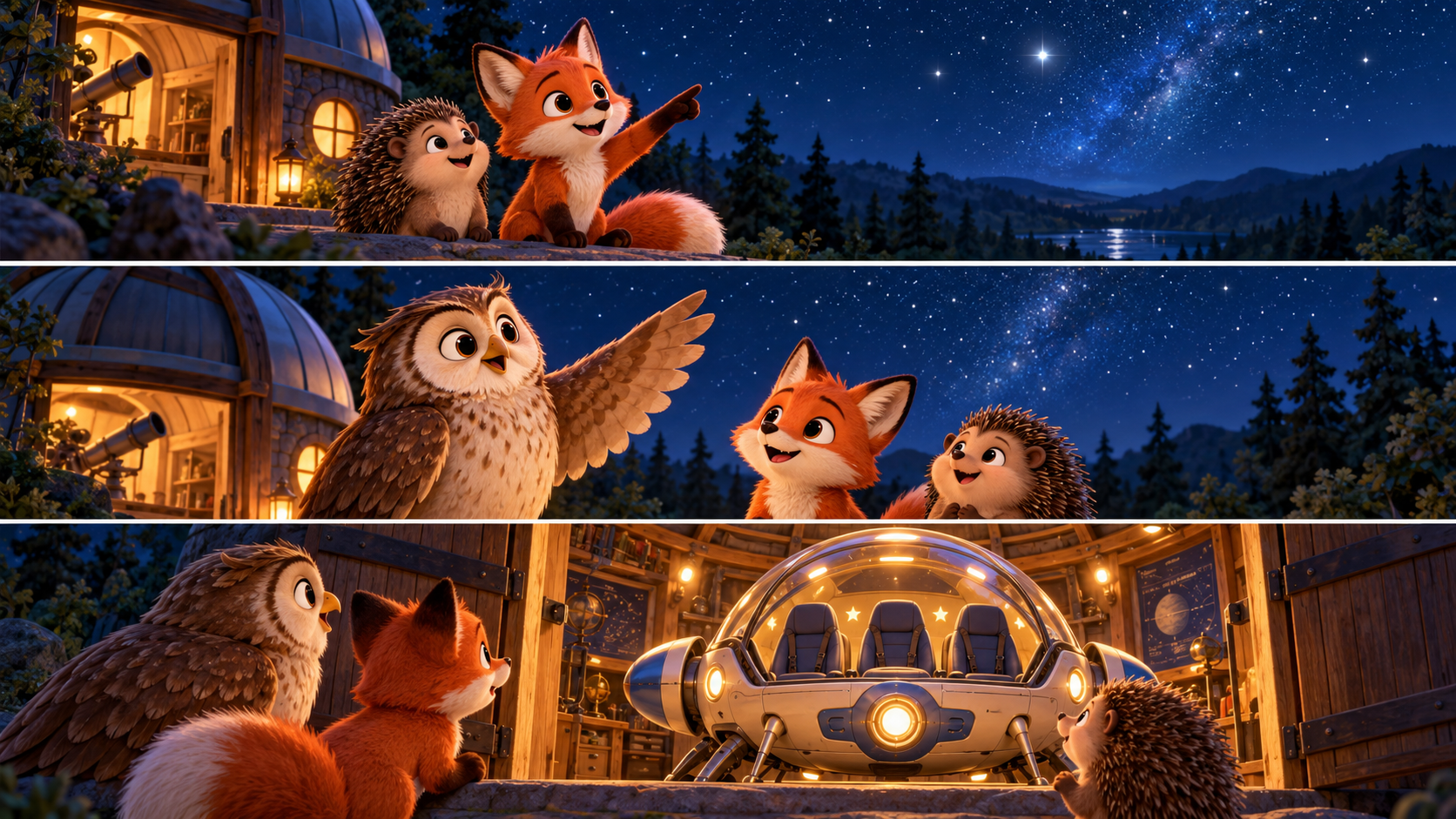 Pip the fox cub and Bramble the hedgehog look at the stars with Granny Owl near their observatory.